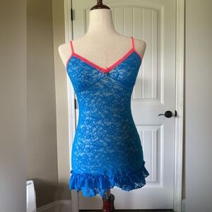 Victorias Secret Blue Lace Neon Trim Babydoll Chemise Lingerie S